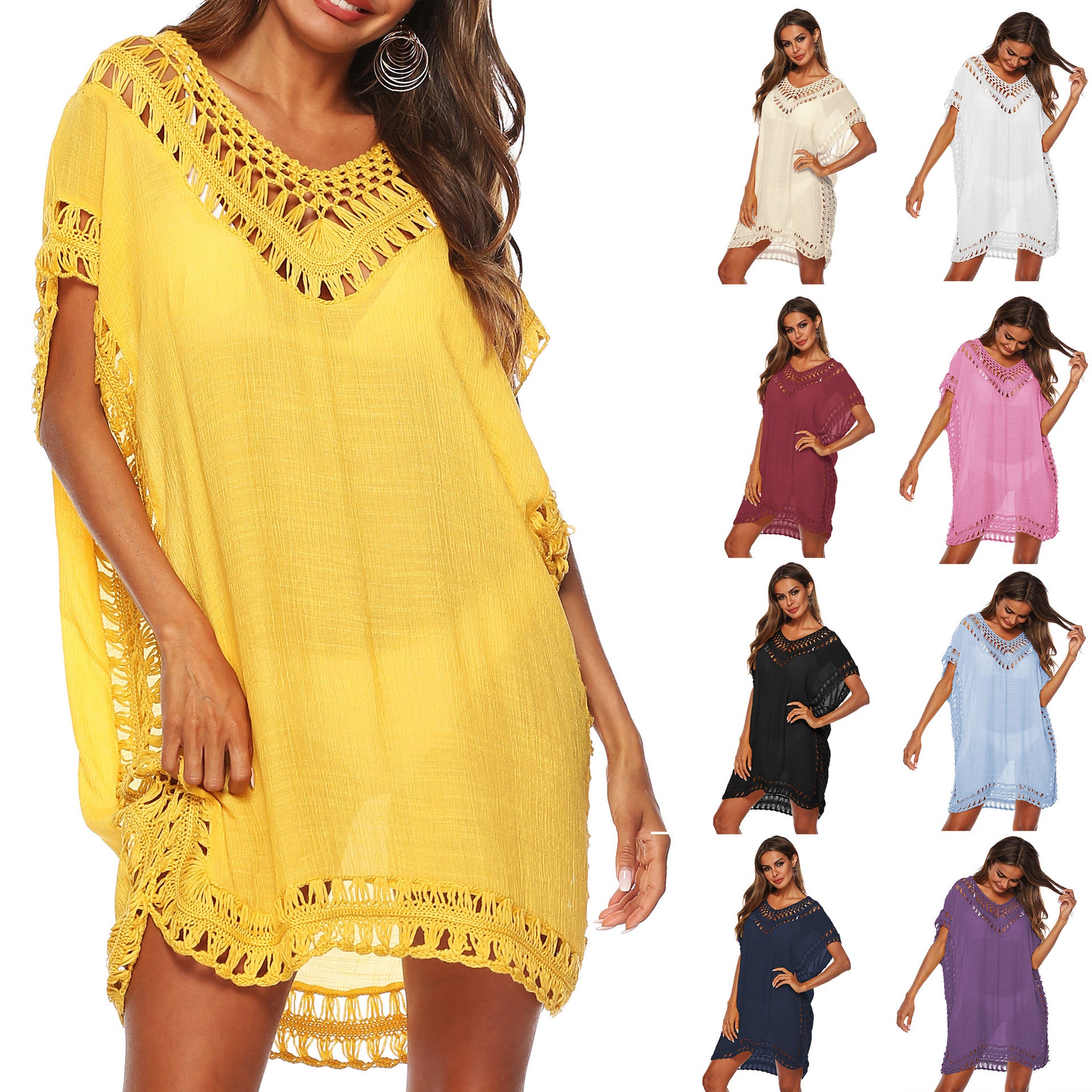 Solid Color V-Neck Crochet Beach Cover-Up Dress A1965