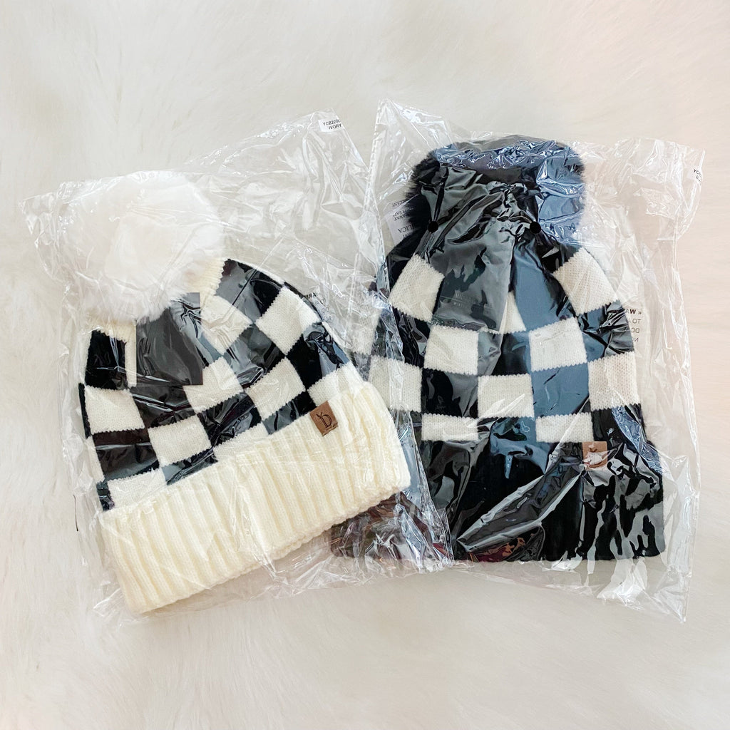 Fashion Week Checkered Pom Beanie | Embroidered Cap