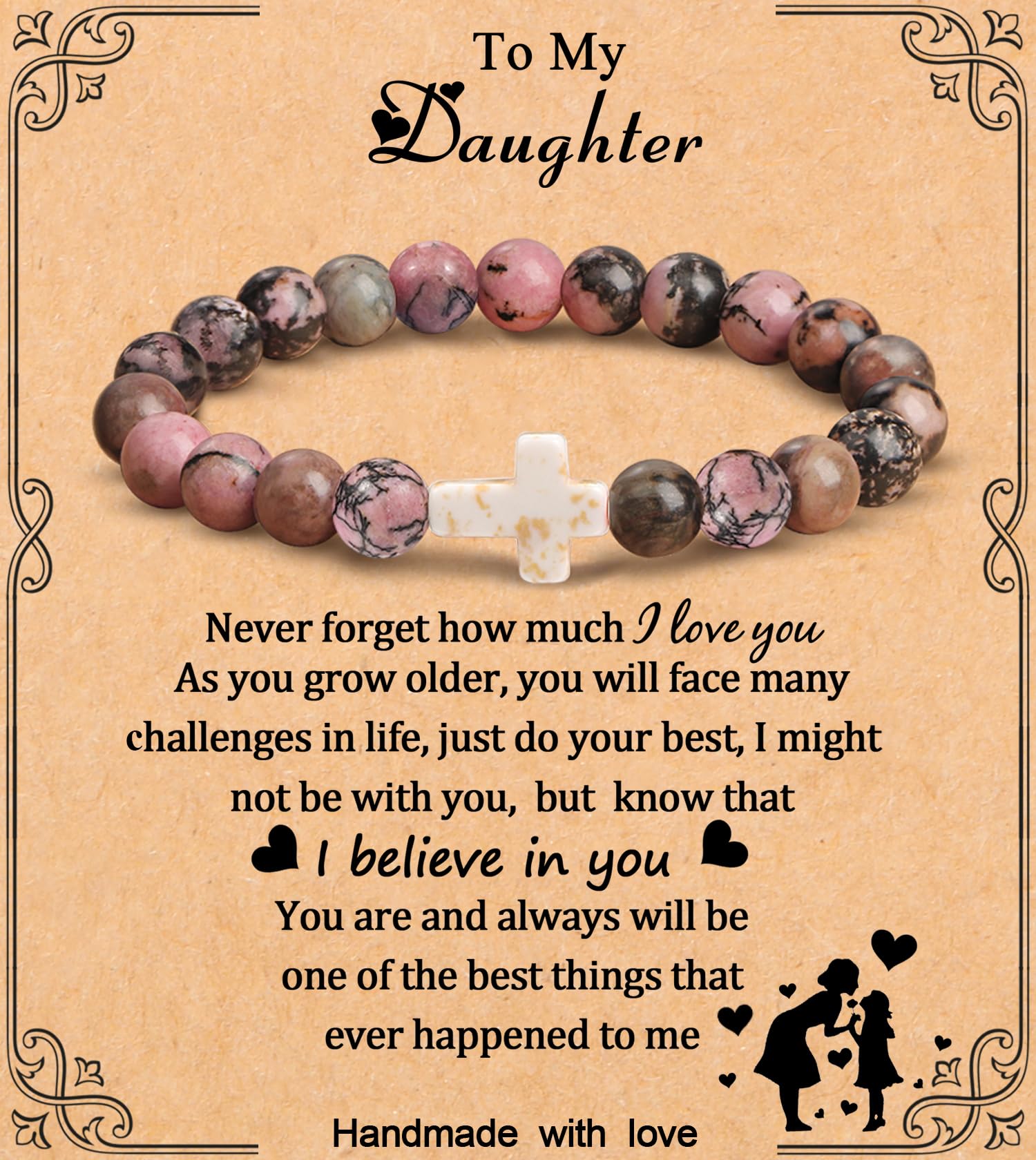 Rhodonite Beaded Cross Bracelet - Gift for Daughter