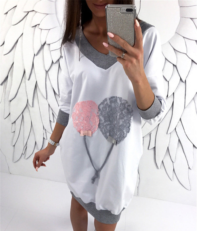 Color-Block Lace Printed V-Neck Long Sleeve Sweater