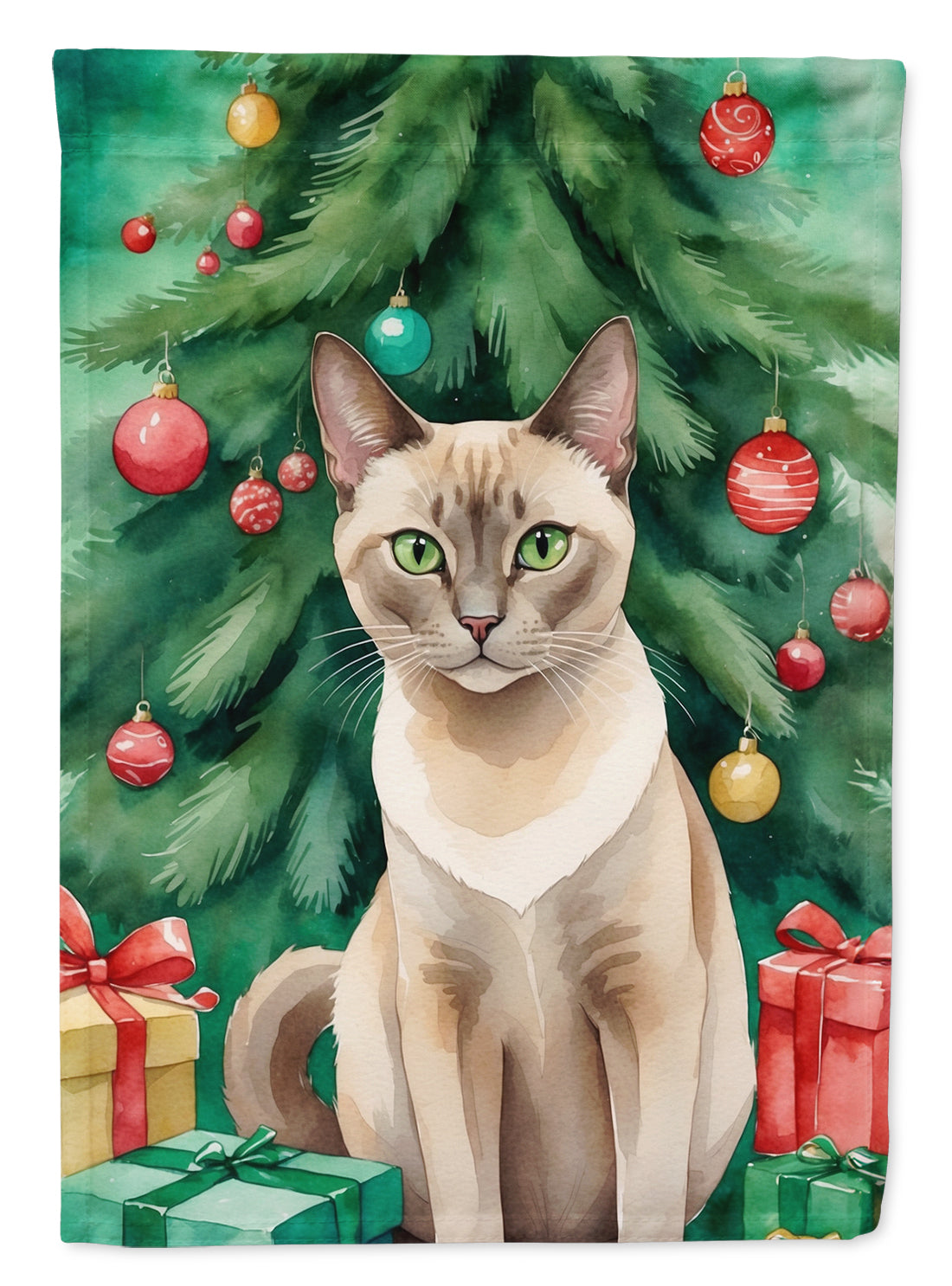 Tonkinese Cat By the Christmas Tree Garden Flag