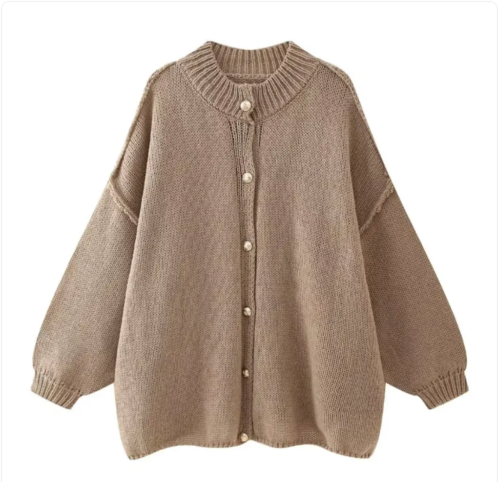 French Loose Fit Round Neck Cardigan with Metal Buttons