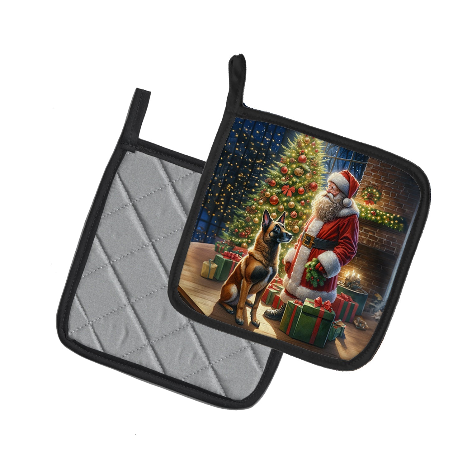 Belgian Malinois and Santa Claus Pair of Pot Holders