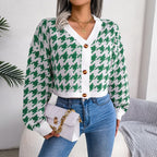 Casual Long Sleeve Checkered Cardigan Sweater