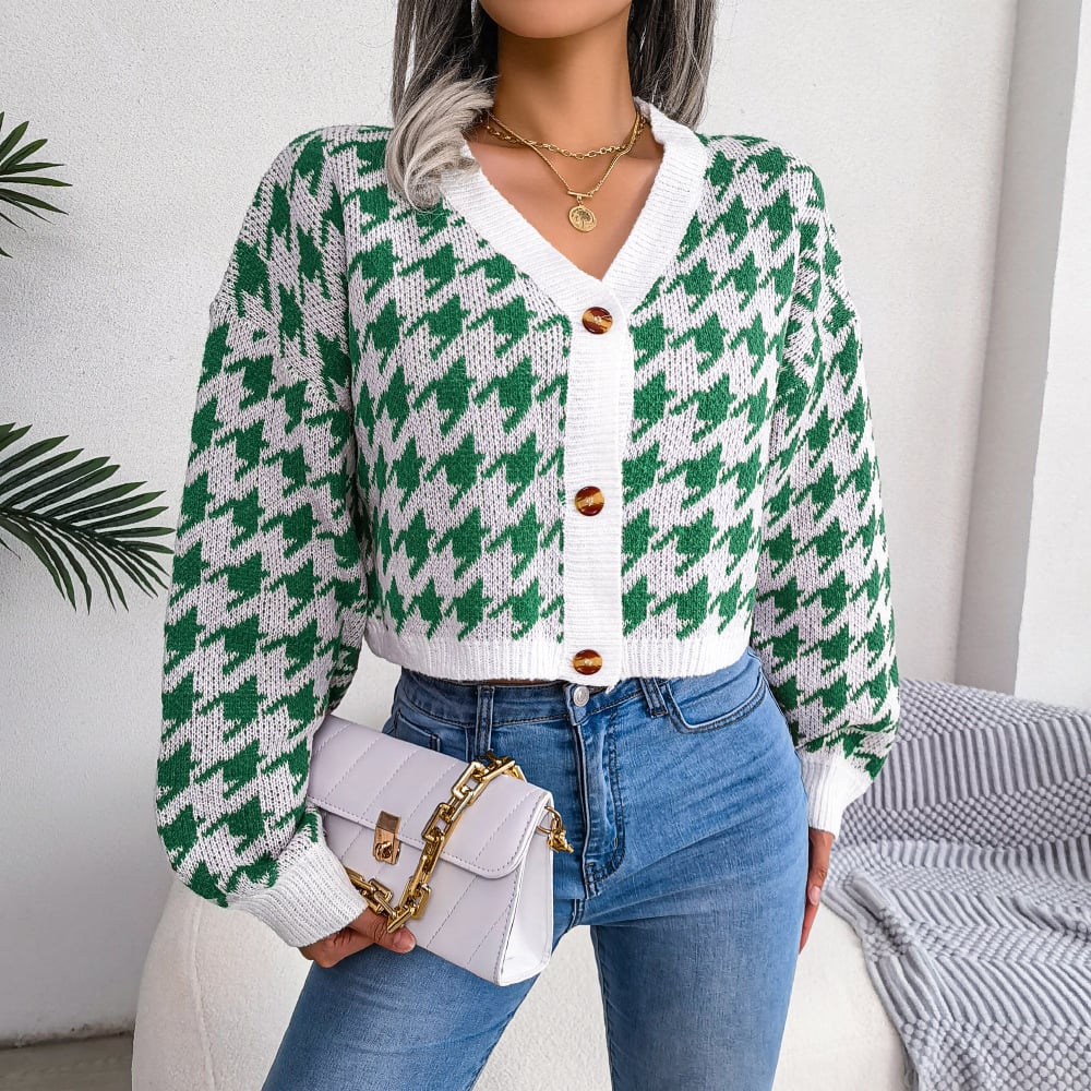 Casual Long Sleeve Checkered Cardigan Sweater