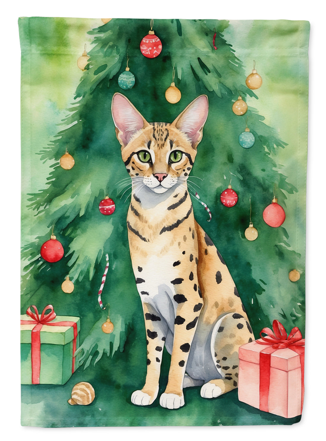 Savannah Cat By the Christmas Tree Garden Flag