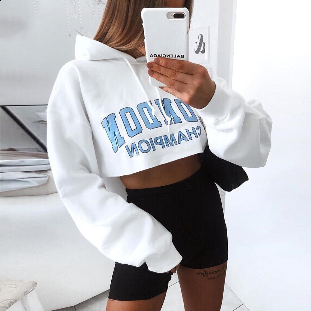 Blue Letter Hooded Cropped Sweatshirt with Long Sleeves | Streetwear