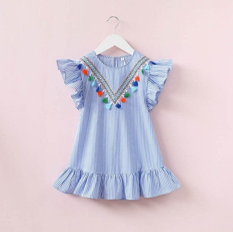 Fringed Vertical Stripe Ruffle Dress