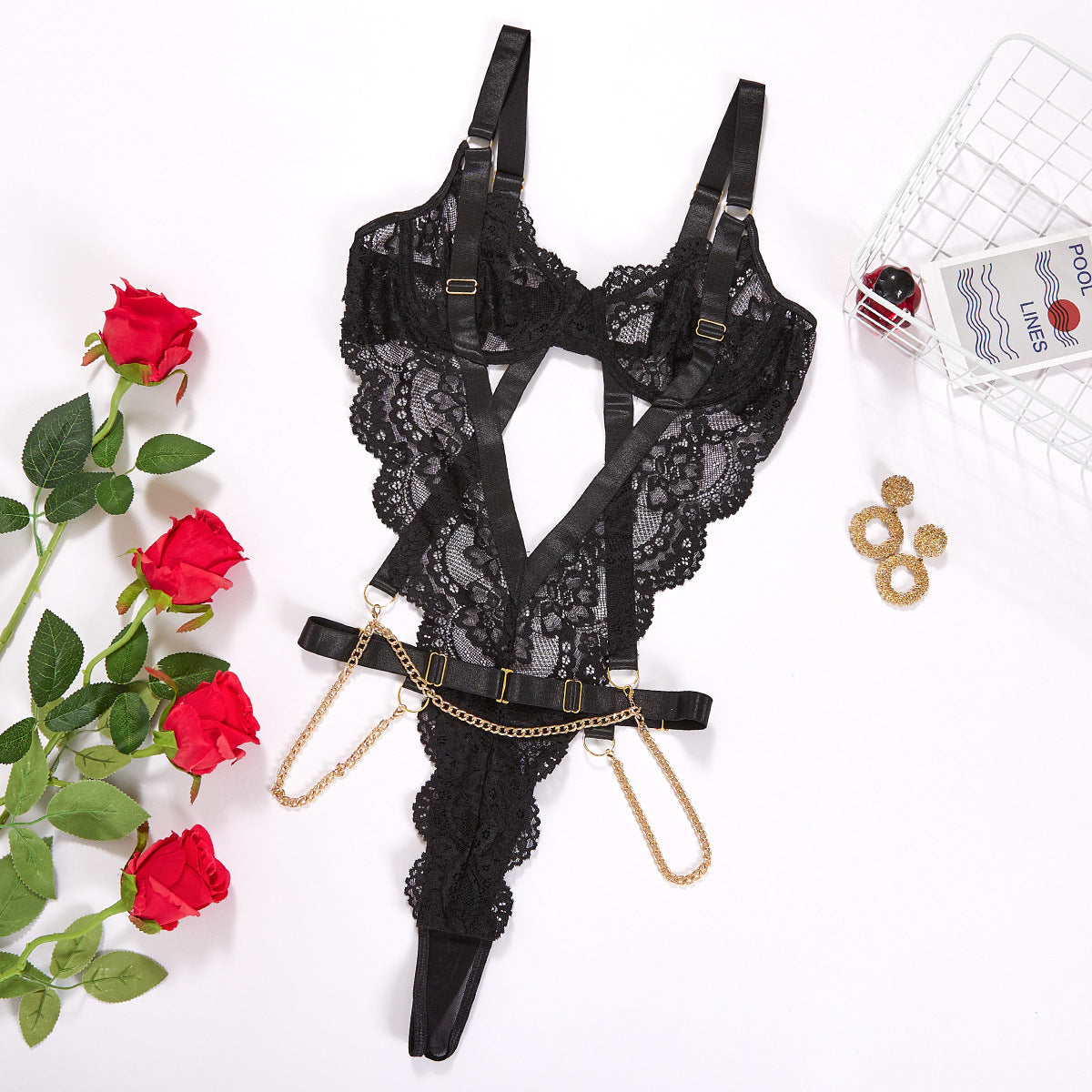 Cross-Border Chain Lace Embroidery Bodysuit 25048