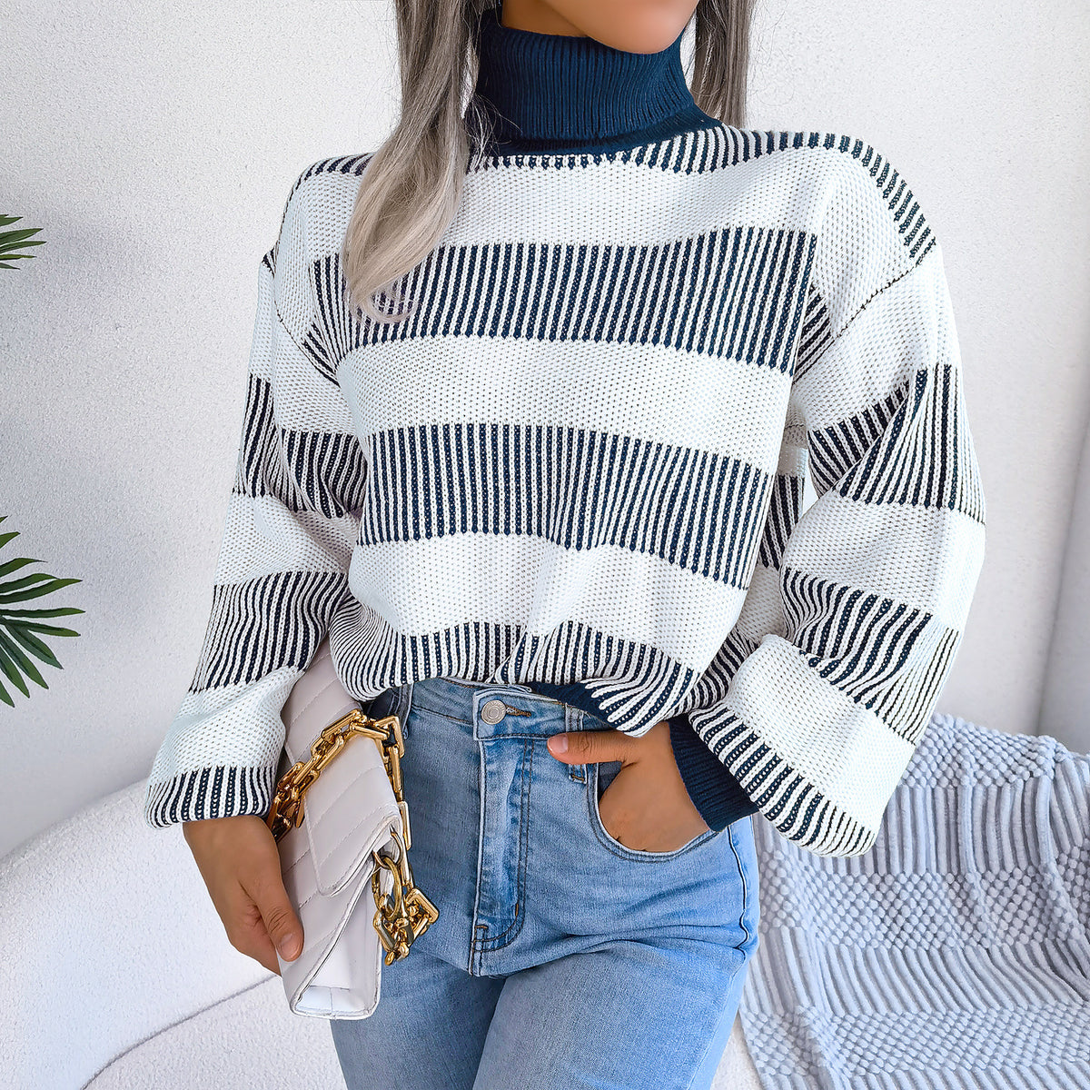 European American Stripe Lantern Sleeve High Neck Sweater