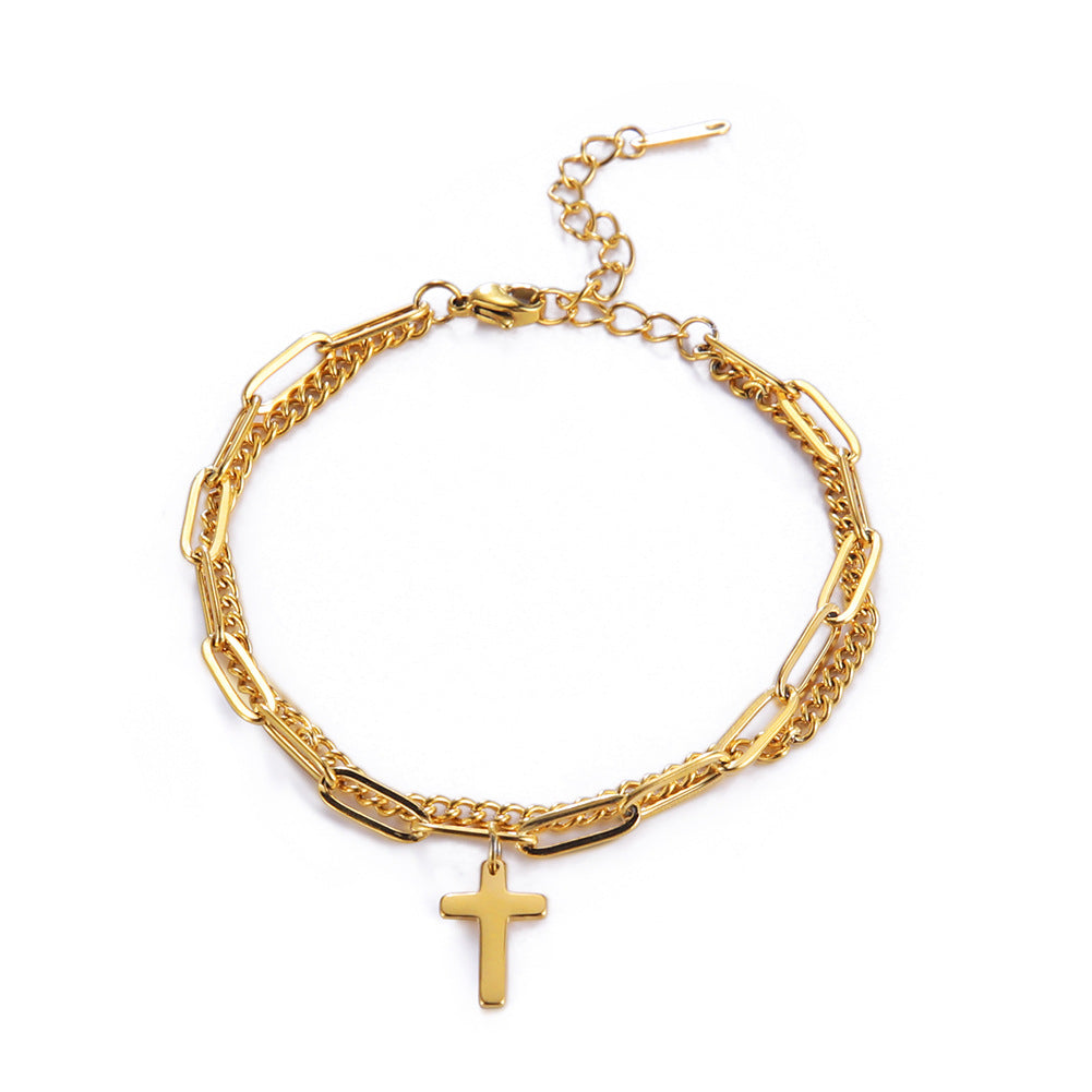 Trendy Titanium Steel Double Layer Cross Chain Bracelet
