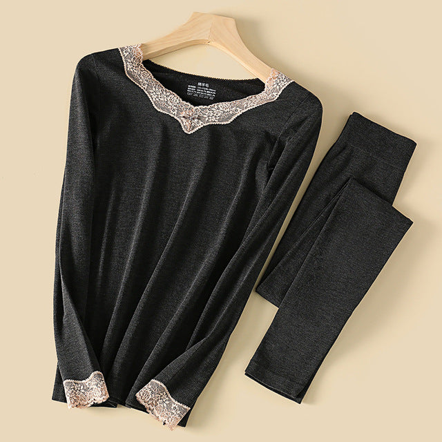 Wool Thermal Underwear Set for Women - Long Sleeve Lace