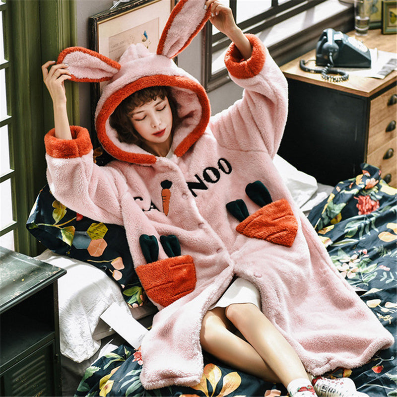 Hooded Coral Fleece Kimono Robe for Women