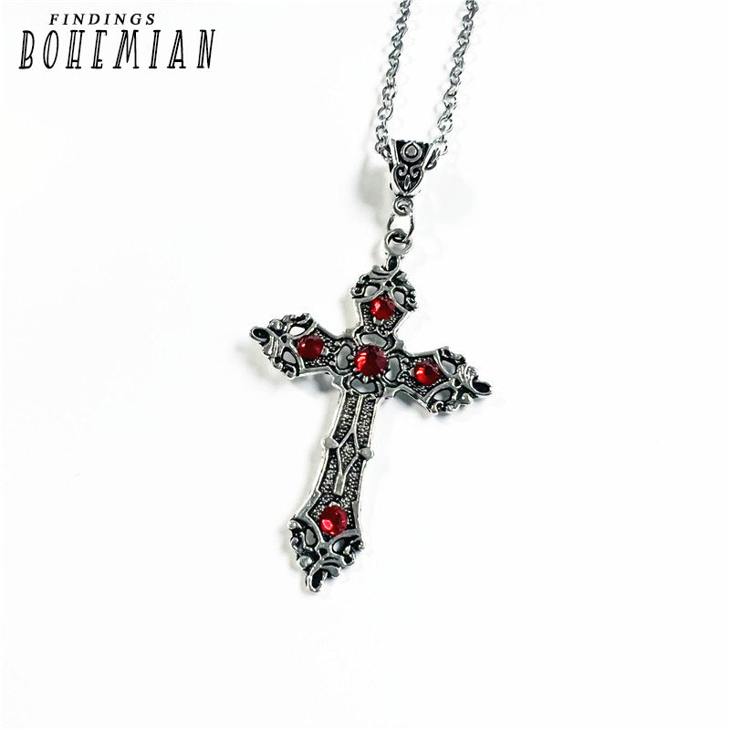Silver Gothic Cross Necklace with Red Crystals