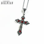 Silver Gothic Cross Necklace with Red Crystals
