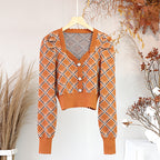 New Long Sleeve V-Neck Cropped Knit Cardigan