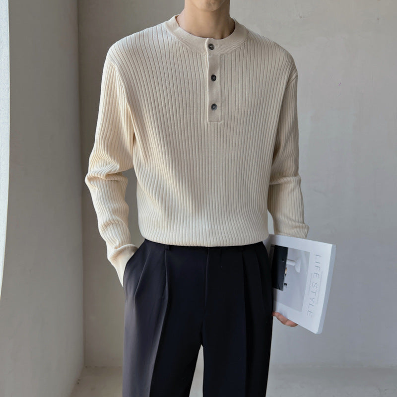 Men's Retro Buckle Round Neck Casual Sweater