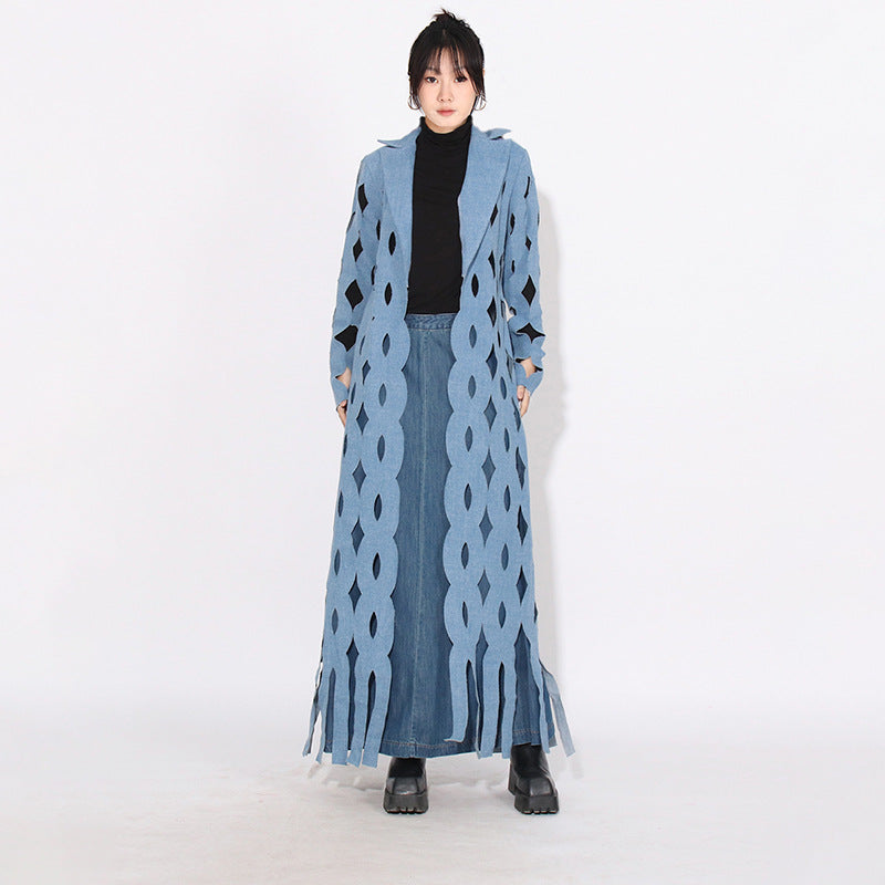 Women's Hollow-out Twisted Tassel Long Denim Cardigan