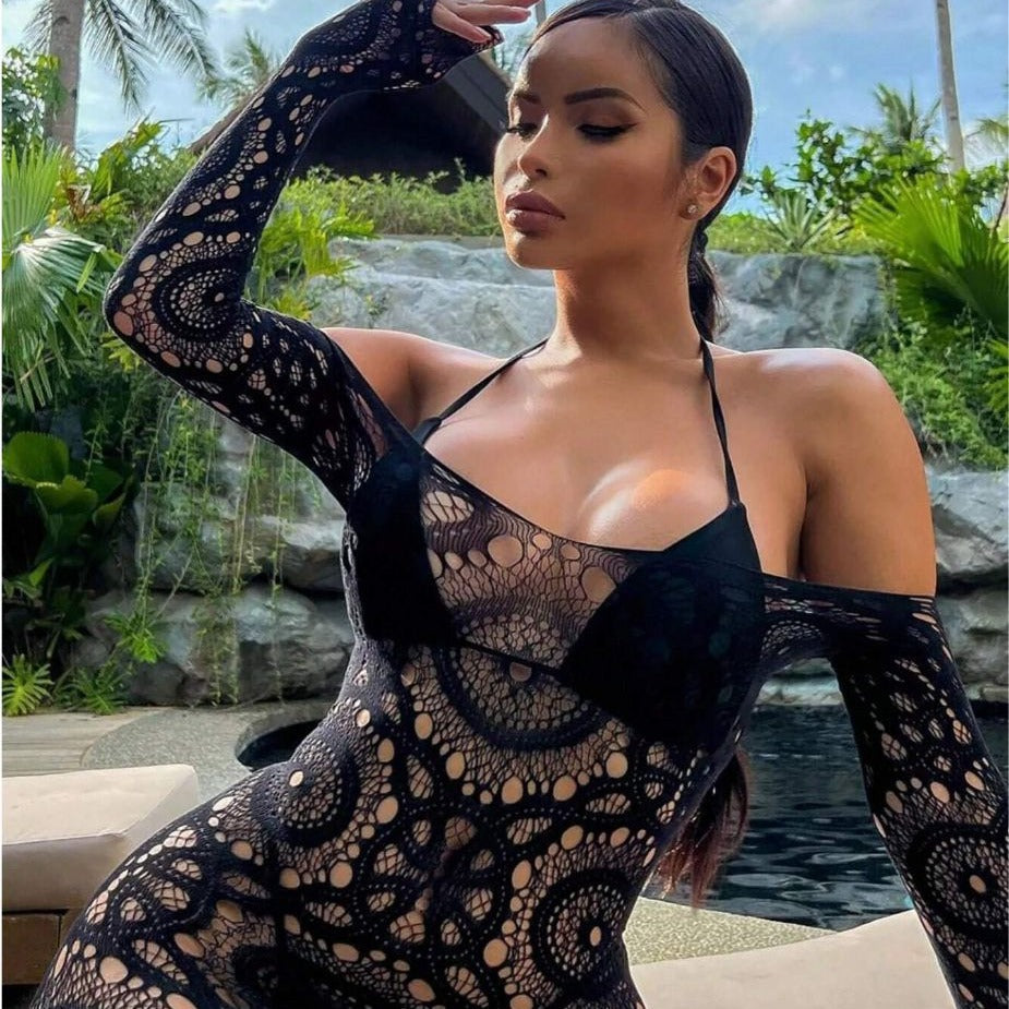 Black Mesh Skirt Lingerie with Off-Shoulder Long Sleeves