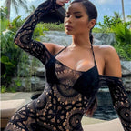 Black Mesh Skirt Lingerie with Off-Shoulder Long Sleeves
