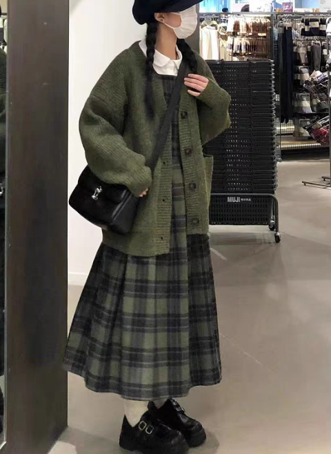 Vintage Green Plaid Wool Back Strap Matte Dress