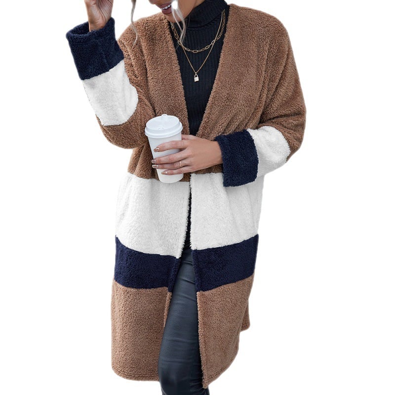 Double Sided Color Block Fur Mid-length Cardigan Coat