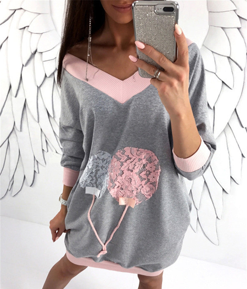 Women's V-neck Color-block Lace Printed Sweater