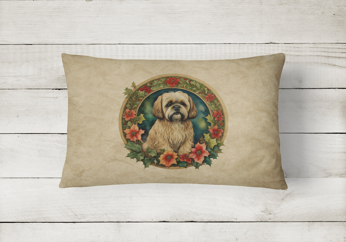 Lhasa Apso Christmas Flowers Throw Pillow