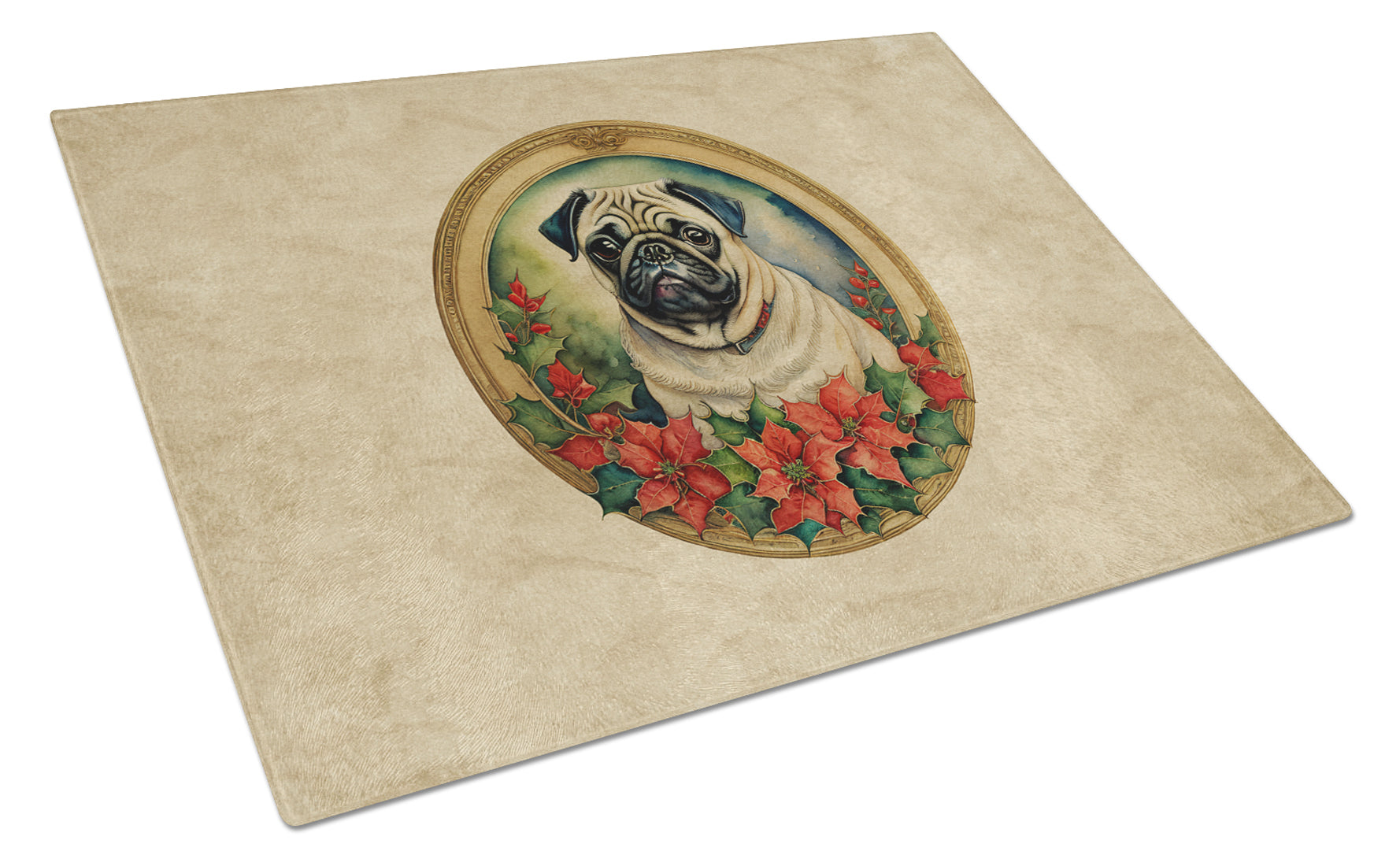 Pug Christmas Flowers Glass Cutting Board