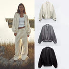 Retro Solid Color Bomber Sweater Jacket And High Waist Flannel Pants