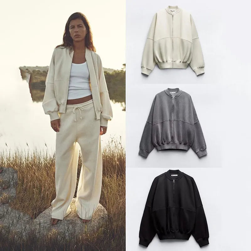 Retro Solid Color Bomber Sweater Jacket And High Waist Flannel Pants