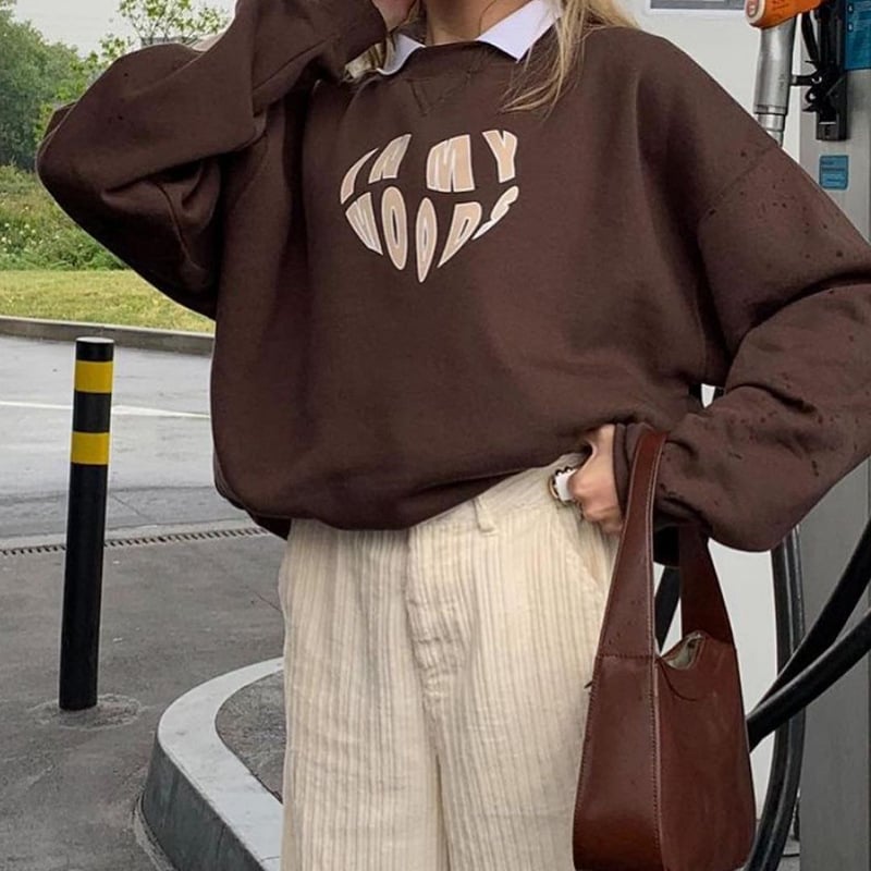 Loose Brown Love Print Crewneck Sweater for Women