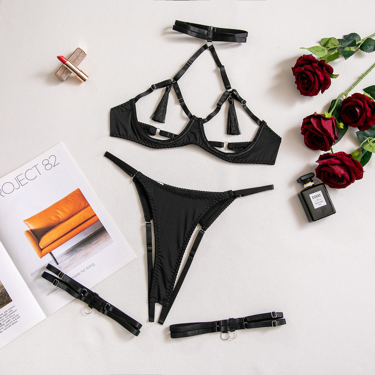 Lace Hollow Cutout Lingerie with Tassels for Women