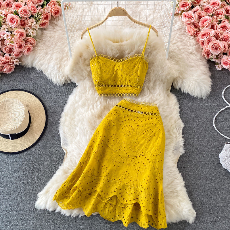 Beach Vacation Set: Backless Crop Top & Ruffled Skirt