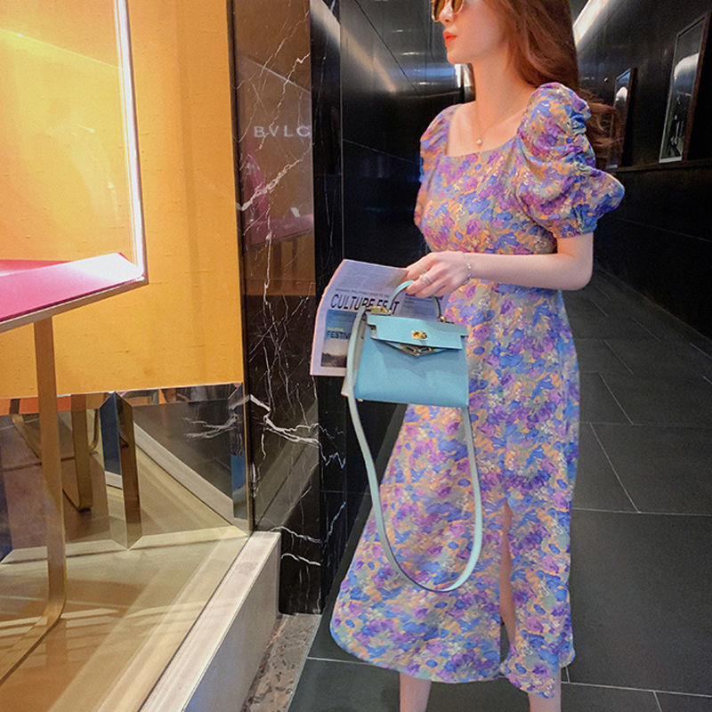 Purple Puff Sleeve Dress with Floral Design (Summer)