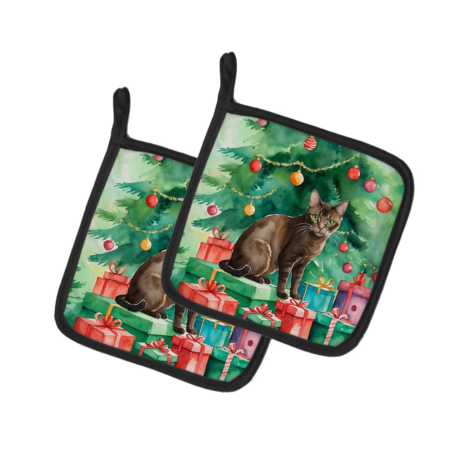 Havana Brown Cat By the Christmas Tree Pair of Pot Holders