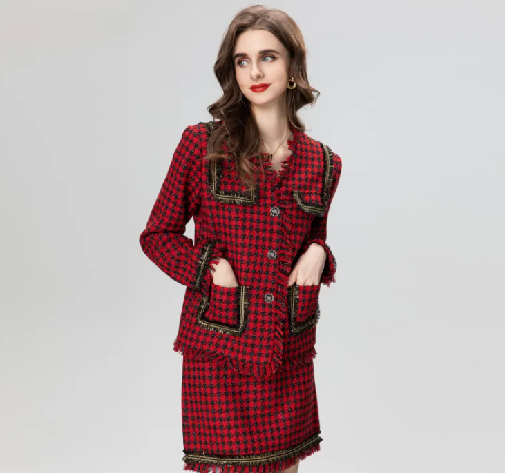 Houndstooth Tassel Short Coat with Skirt