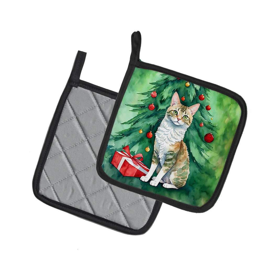 Oregon Rex Cat By the Christmas Tree Pair of Pot Holders