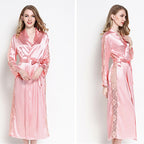 Women's Satin Lace Trim Sleepwear Robe and Pajamas