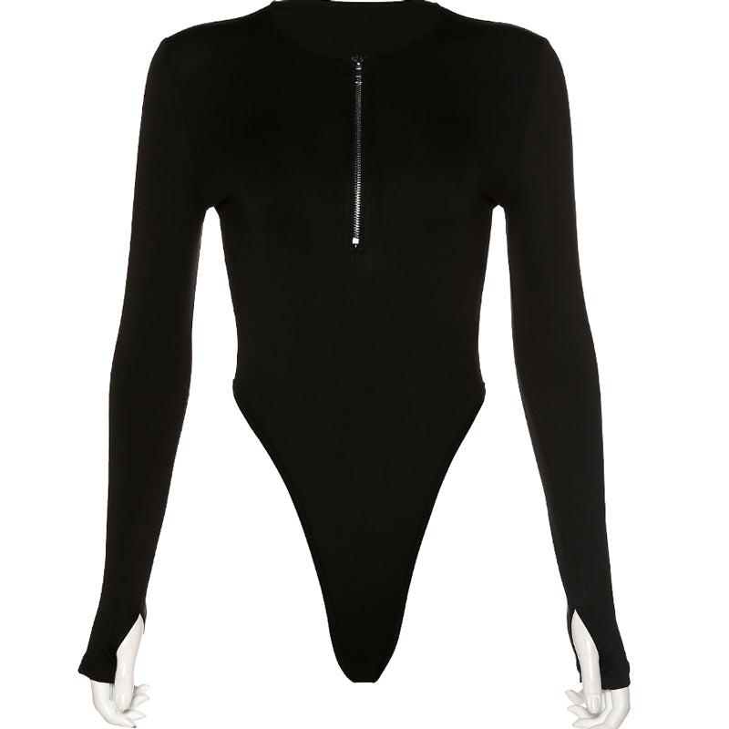 Sexy Black Long Sleeve Zipper Bodysuit for Women