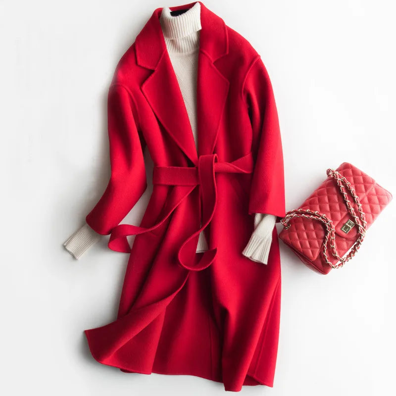 Korean Style Women's Loose Lace-up Wool Coat 2023