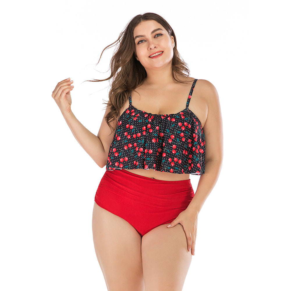 Plus Size Cherry Print High Waist Bikini Swimsuit