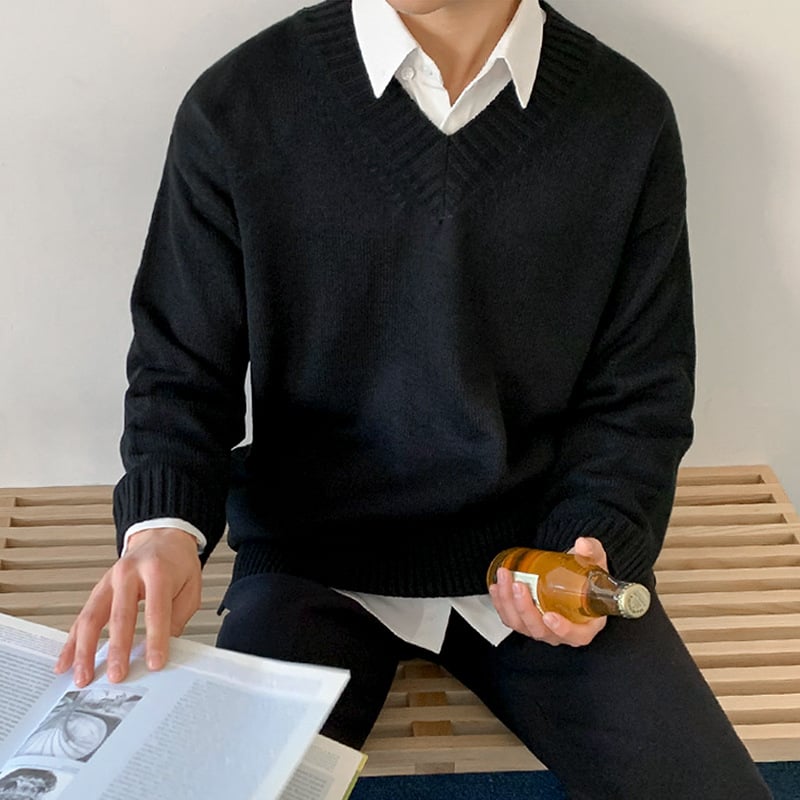 Korean Style V Neck Pullover Sweater for Men | Streetwear