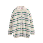 Contrast Striped Plush Long Sleeve Lapel Pullover Sweater