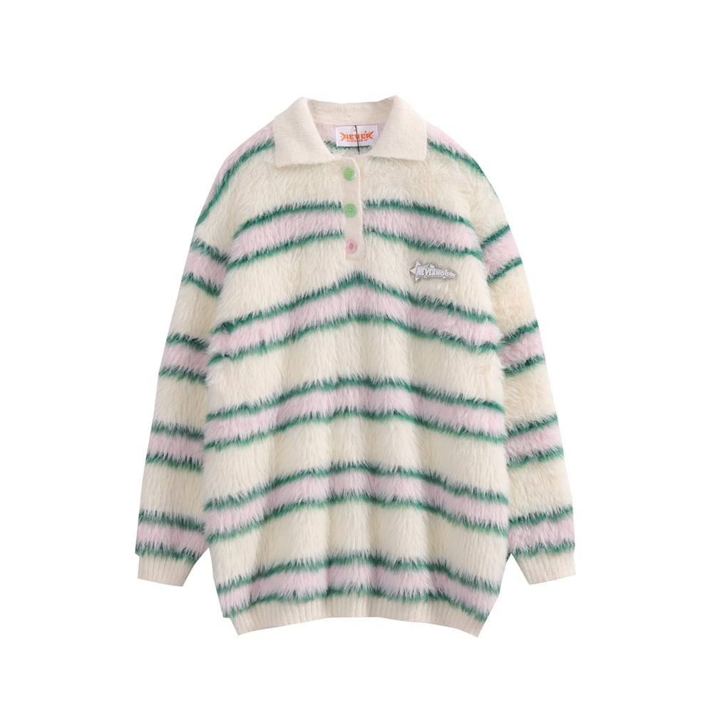 Contrast Striped Plush Long Sleeve Lapel Pullover Sweater