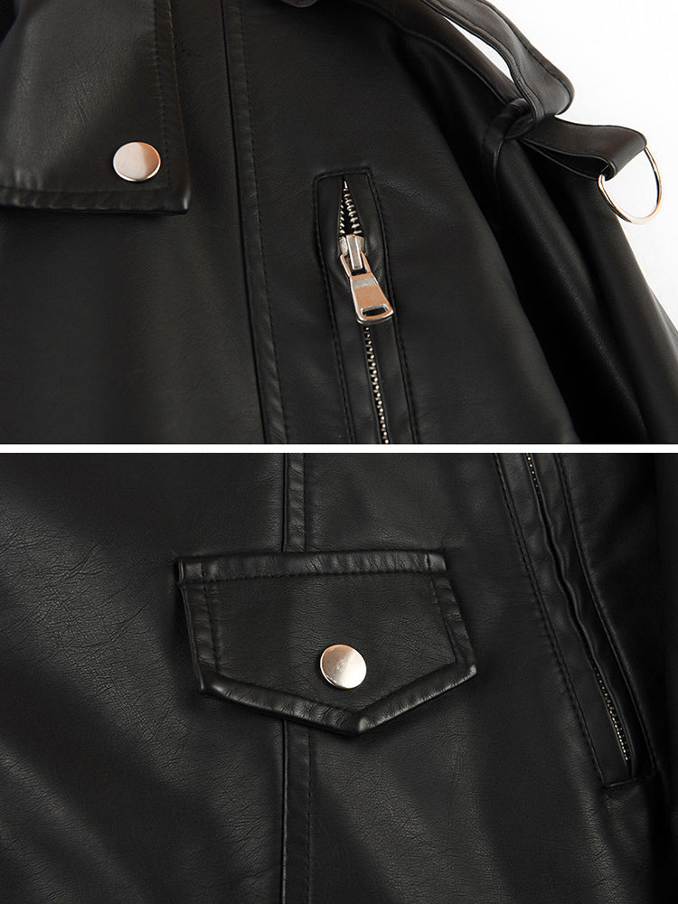 Sungtin Women's Black Faux Leather Jacket with Belt