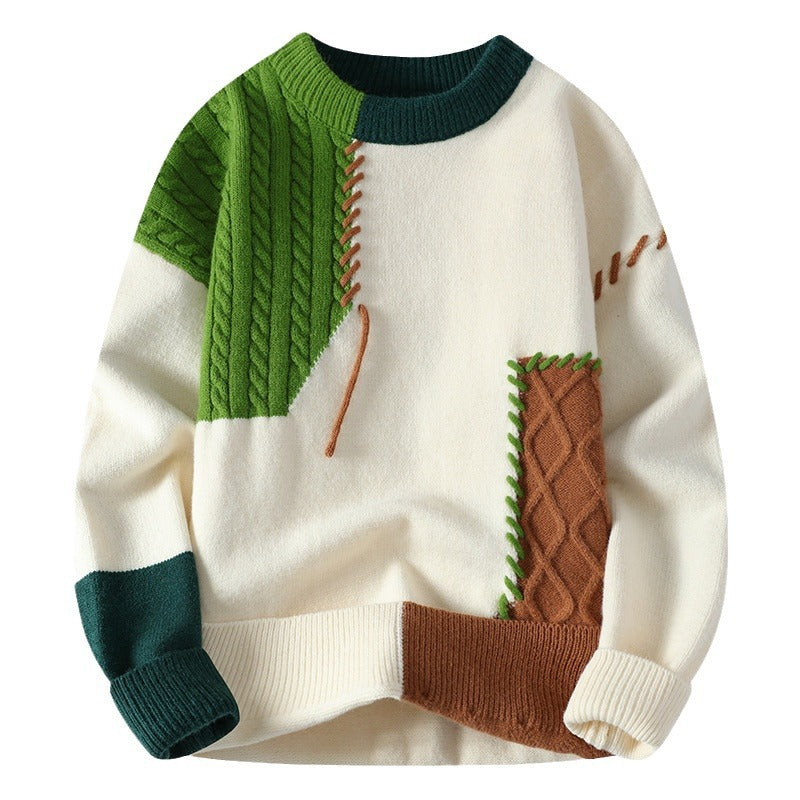 Men's American Retro Color Block Patchwork Sweater
