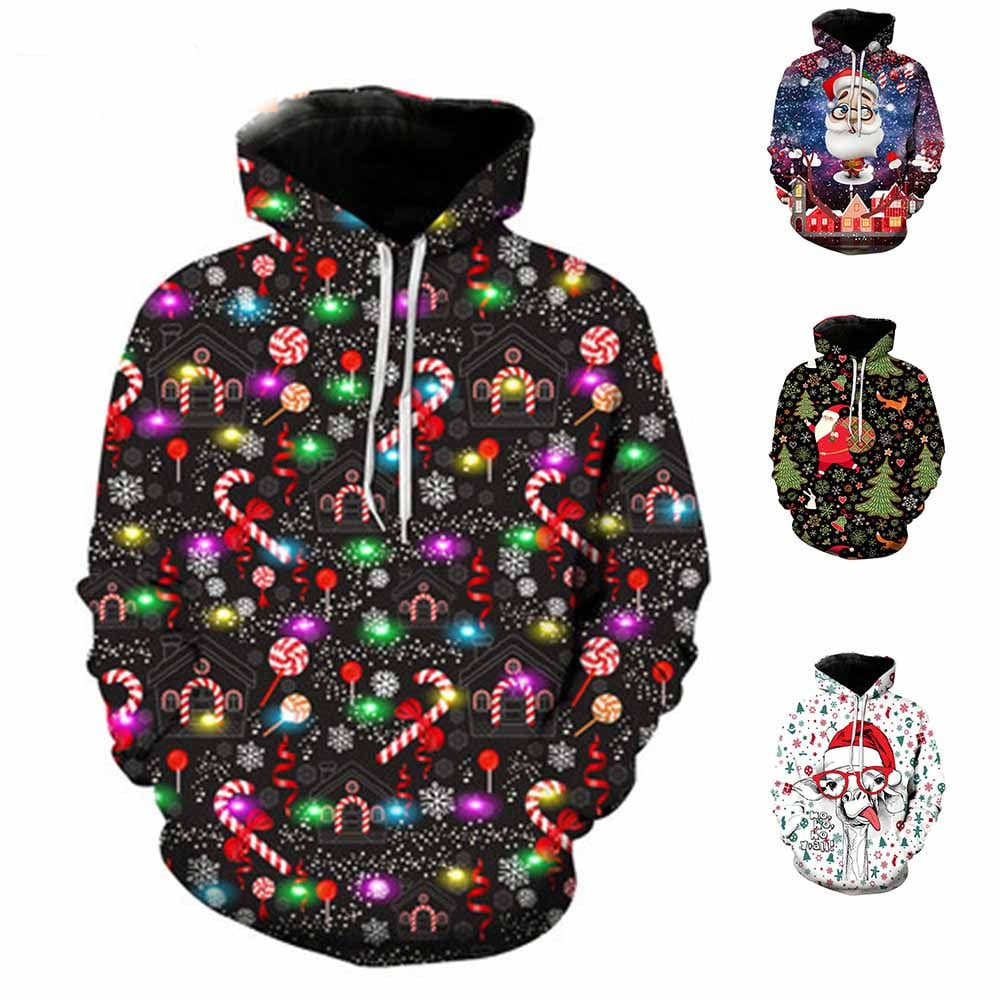 Christmas Print Long Sleeve Hoodie in Polyester | Streetwear