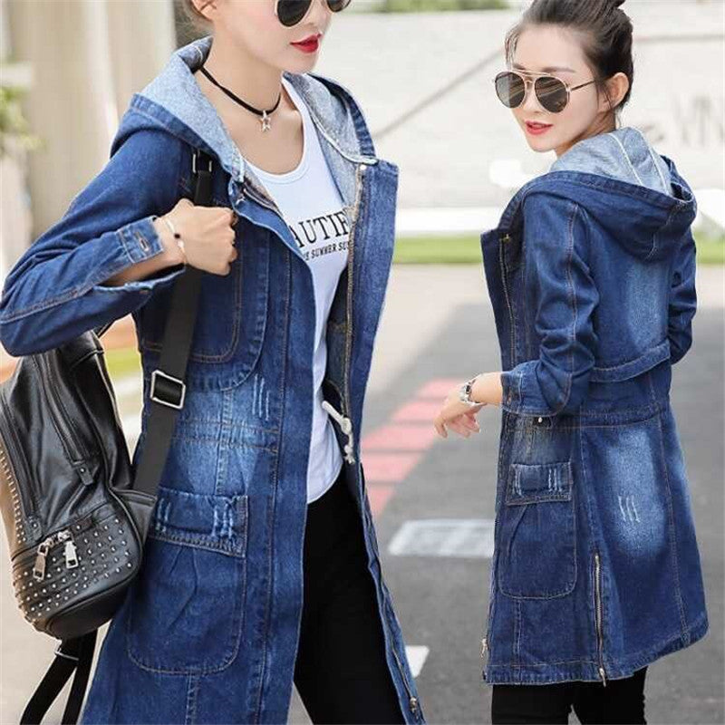 Women's Hooded Denim Jacket with Long Sleeves