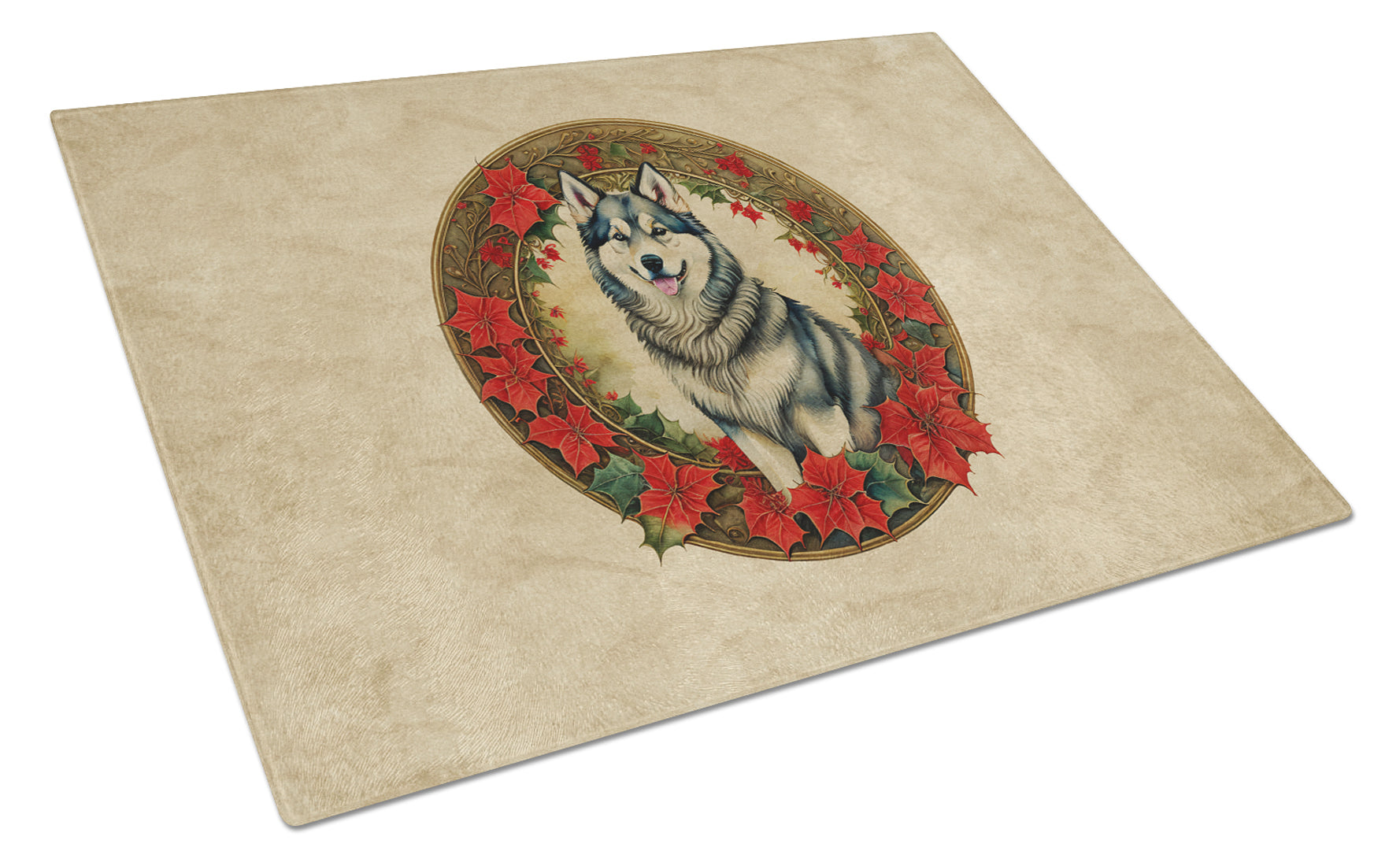 Alaskan Malamute Christmas Flowers Glass Cutting Board